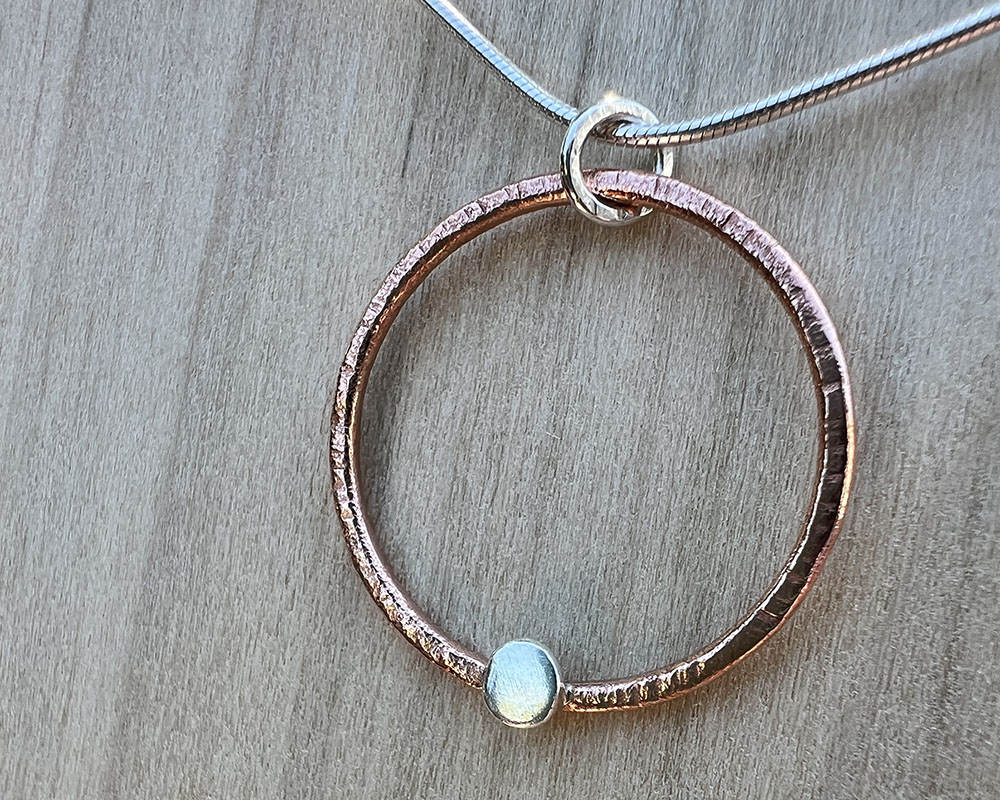 Textured Copper Circle Pendant with Sterling Button on Sterling Silver Chain